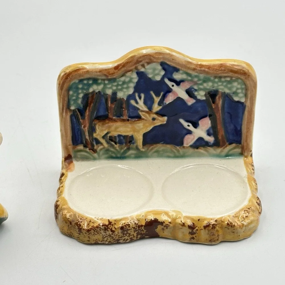 Rare 1950s Native American Salt‎ Pepper Shakers W/ Stand Headdress Pipe Japan